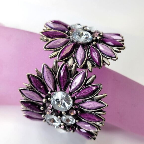 Bold Purple Cuff Bracelet Floral Motif Purple Bangle - Picture 1 of 14